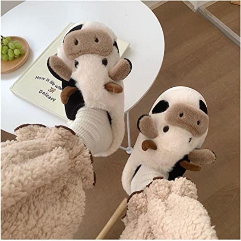Cow Slippers - Cow, lifestyle shot worn on feet - Be Juliet