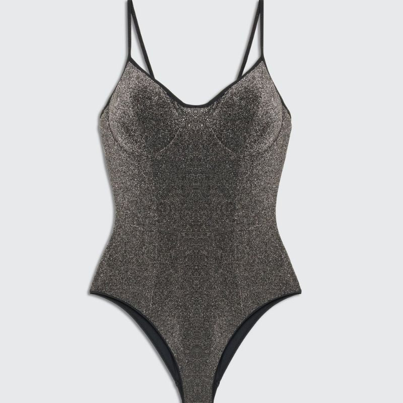 Shine On Me Black Shimmer Bodysuit - flat lay product shot front - Be Juliet