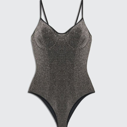 Shine On Me Black Shimmer Bodysuit - flat lay product shot front - Be Juliet