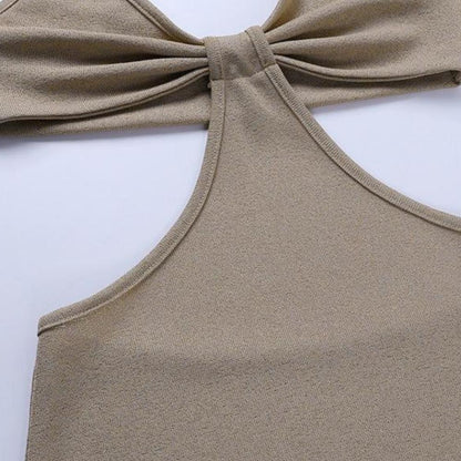 Clover Cutout Maxi Dress - Khaki, back knot tie detail close-up - Be Juliet