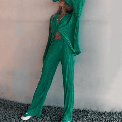 Fia Matching Two Piece Set - Green, full-length lifestyle shot with hat - Be Juliet