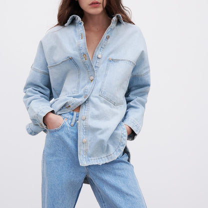 Genevieve Denim Shirt Jacket - Denim Blue, front view flat lay - Be Juliet