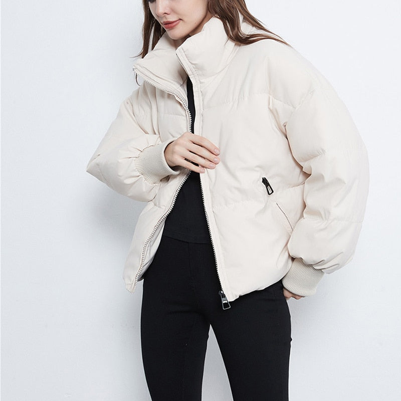 Jessa Oversized Puffer Jacket - Light Creme, front view with open zipper detail - Be Juliet