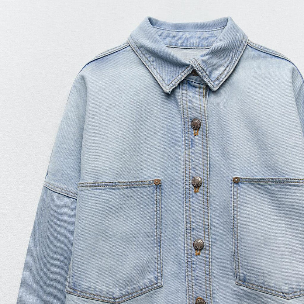 Genevieve Denim Shirt Jacket - Denim Blue, front close-up collar and buttons - Be Juliet