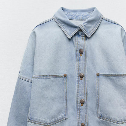Genevieve Denim Shirt Jacket - Denim Blue, front close-up collar and buttons - Be Juliet