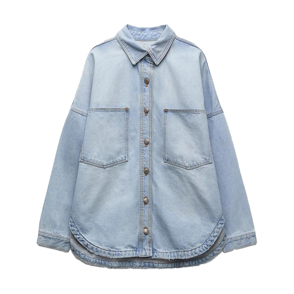 Genevieve Denim Shirt Jacket - Denim Blue, 3/4 front view on model - Be Juliet