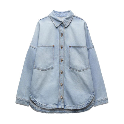 Genevieve Denim Shirt Jacket - Denim Blue, 3/4 front view on model - Be Juliet