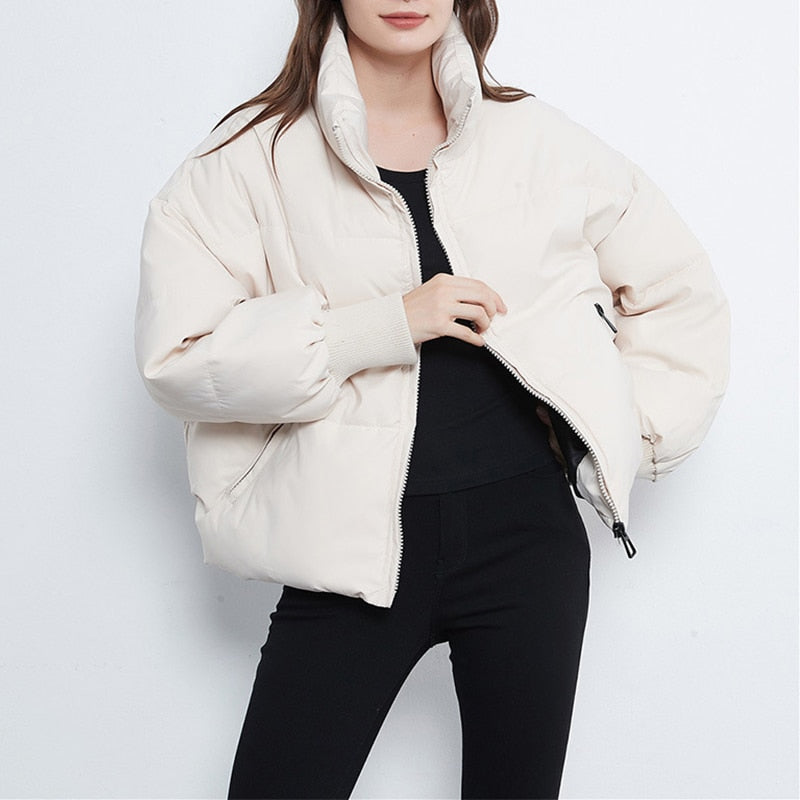 Jessa Oversized Puffer Jacket - Light Creme, front view on model - Be Juliet