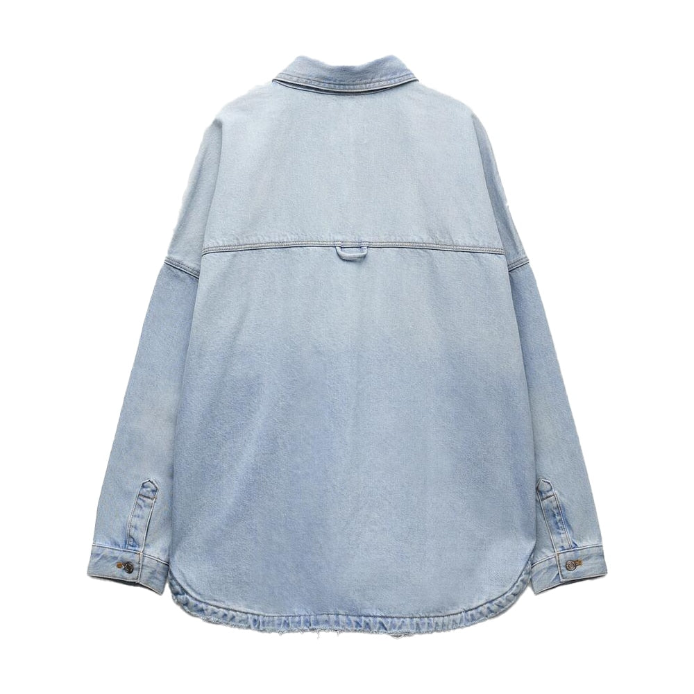 Genevieve Denim Shirt Jacket - Denim Blue, side view on model - Be Juliet
