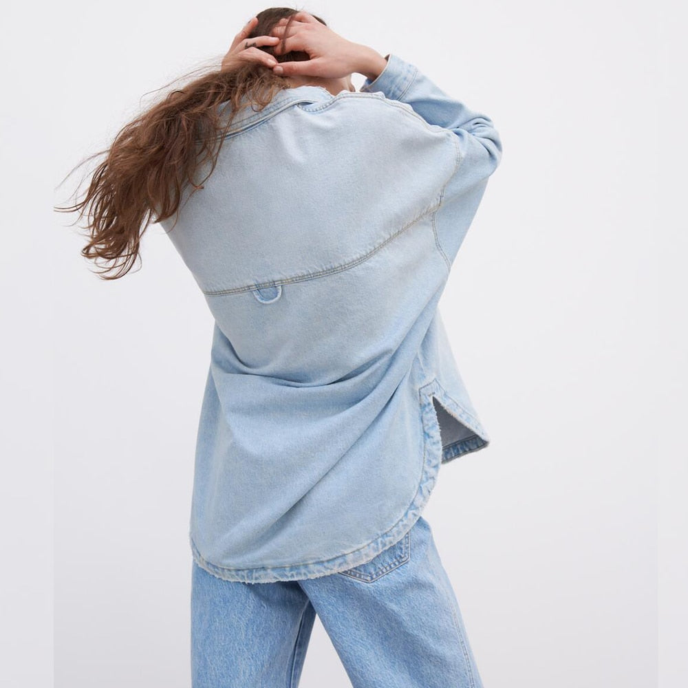 Genevieve Denim Shirt Jacket - Denim Blue, back view on model - Be Juliet