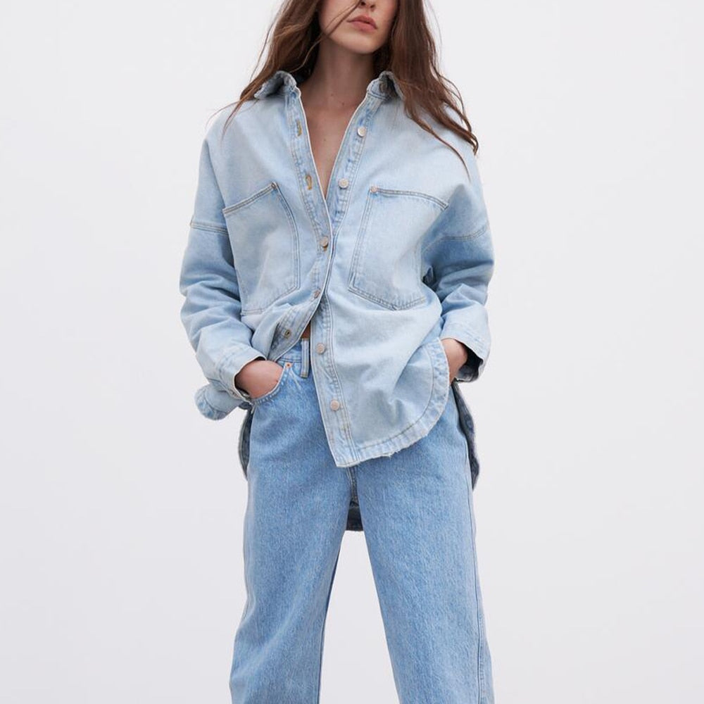 Genevieve Denim Shirt Jacket - Denim Blue, full-length front view on model - Be Juliet