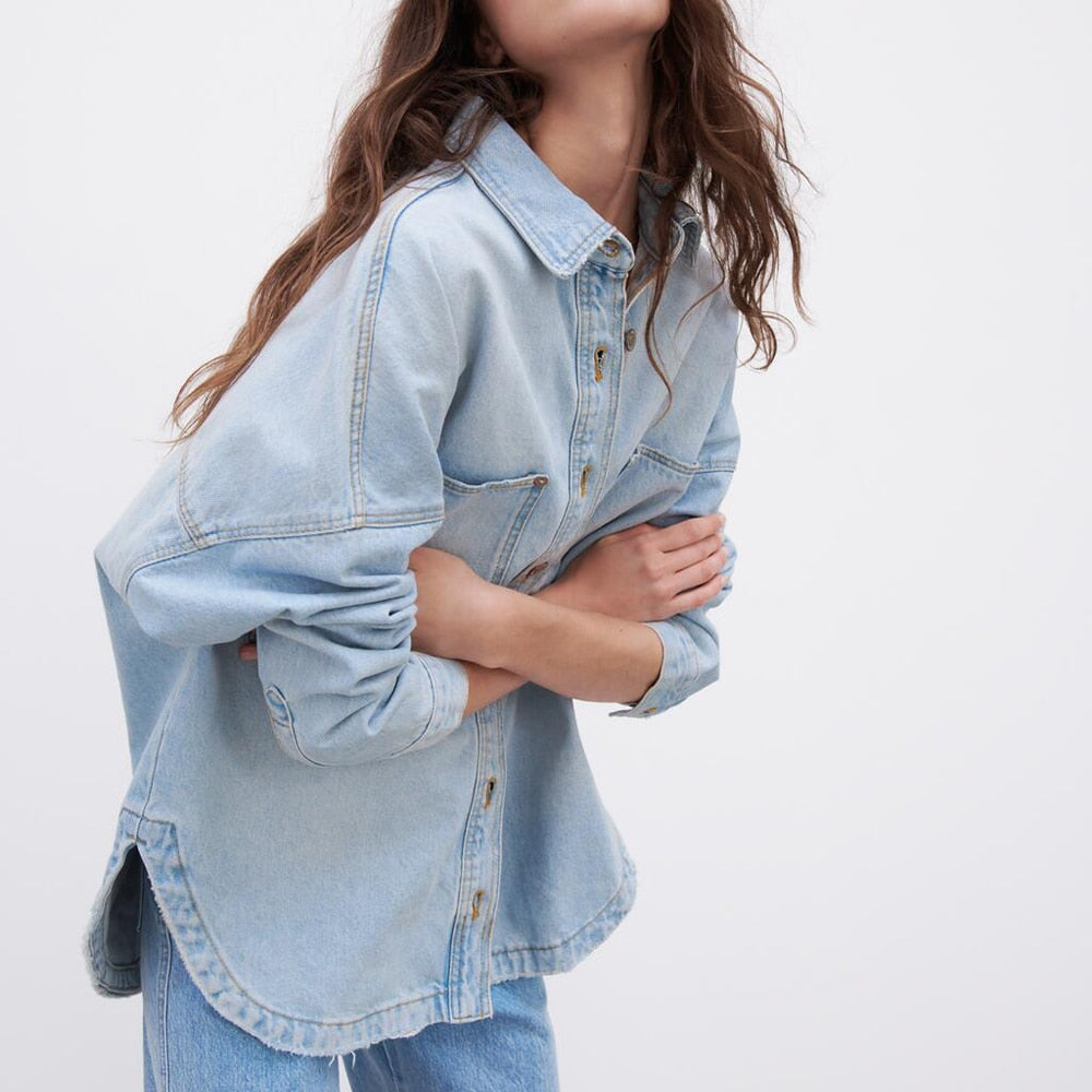 Genevieve Denim Shirt Jacket - Denim Blue, front view on model - Be Juliet