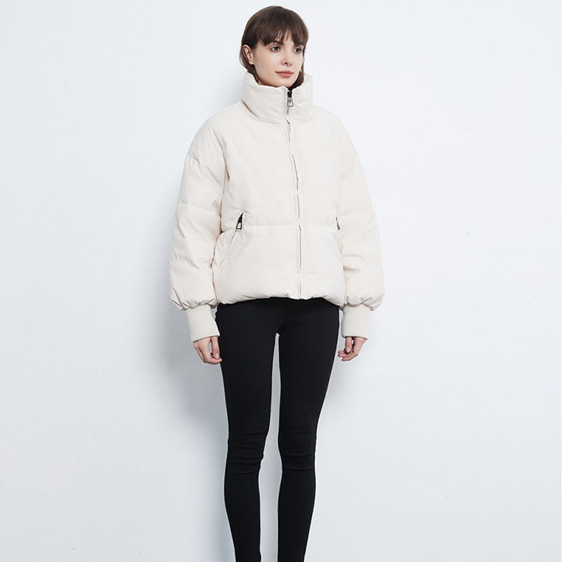 Jessa Oversized Puffer Jacket - Light Creme, full-length front view on model - Be Juliet