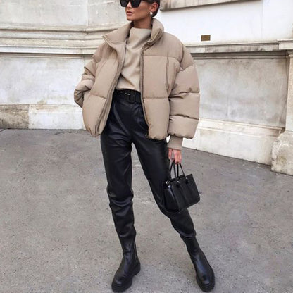 Jessa Oversized Puffer Jacket - Light Brown, front 3/4 view on model - Be Juliet