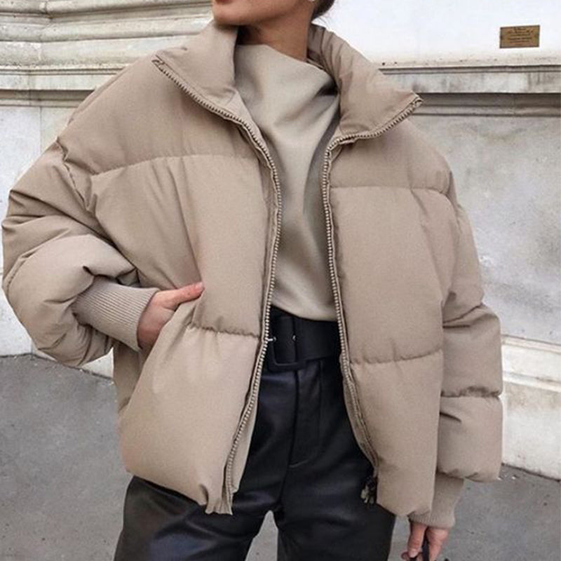 Jessa Oversized Puffer Jacket - Light Brown, close-up collar and quilting detail - Be Juliet