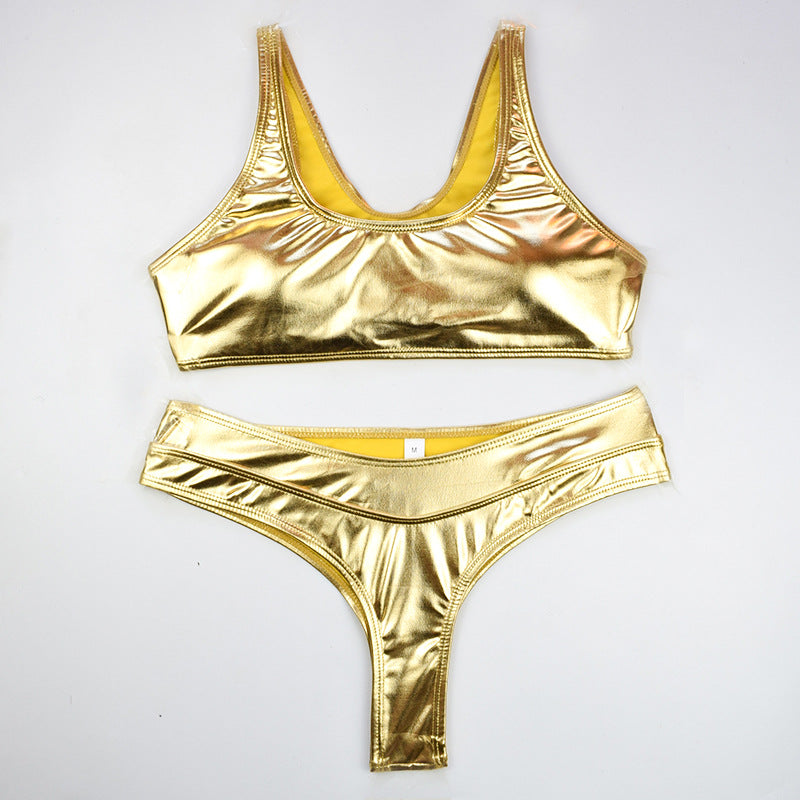 Becca Metallic Swimsuit - Gold 2 Piece, flat lay product shot - Be Juliet
