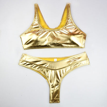 Becca Metallic Swimsuit - Gold 2 Piece, flat lay product shot - Be Juliet