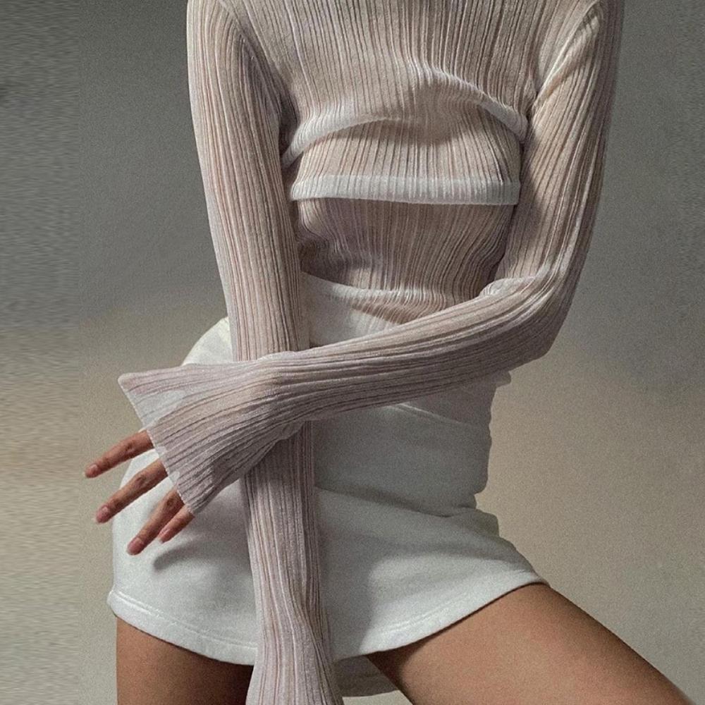 Sienna White Mesh Long Sleeve Top - side view on model - Be Juliet