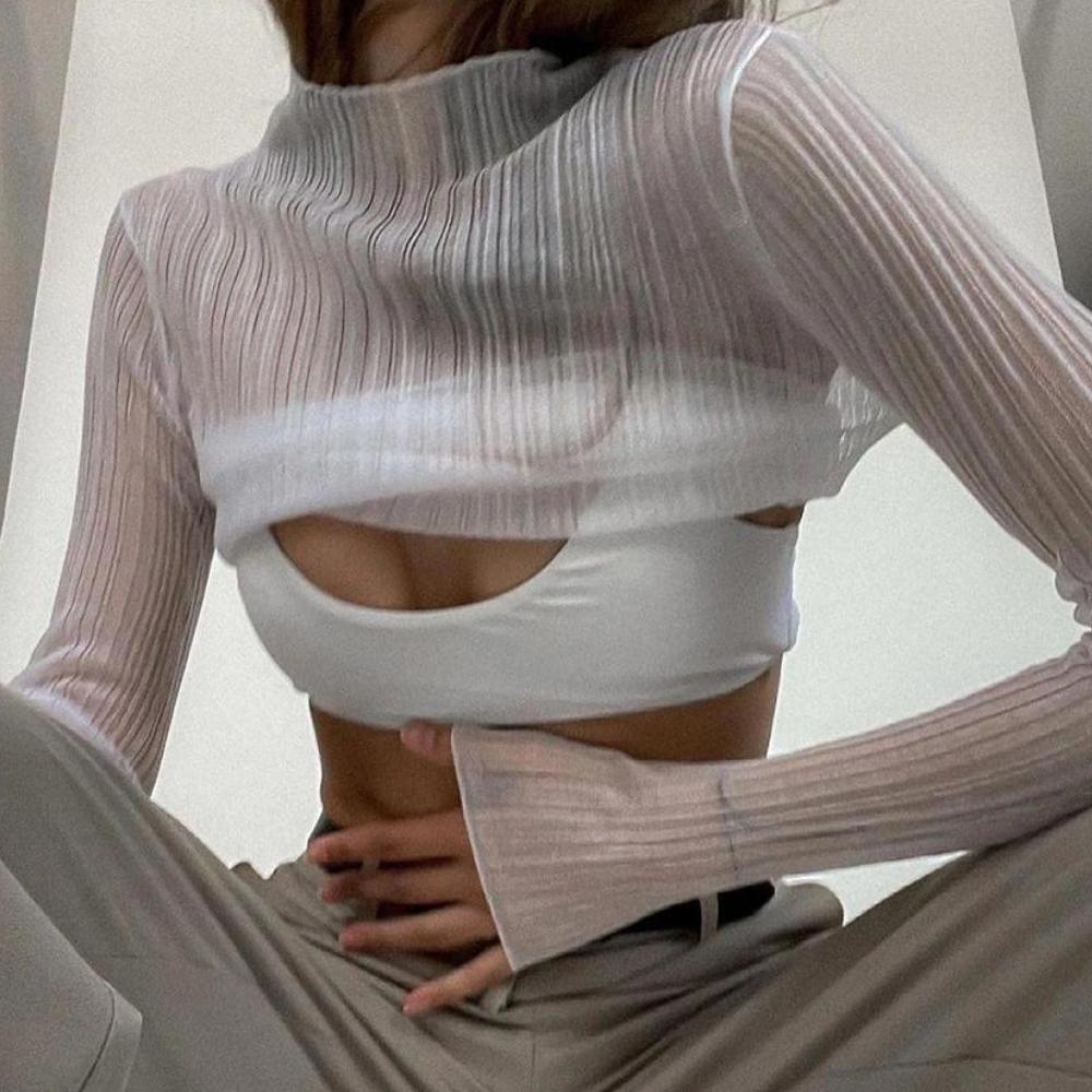 Sienna White Mesh Long Sleeve Top - 3/4 view on model - Be Juliet