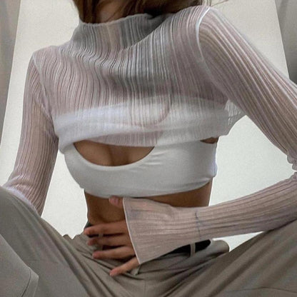 Sienna White Mesh Long Sleeve Top - 3/4 view on model - Be Juliet