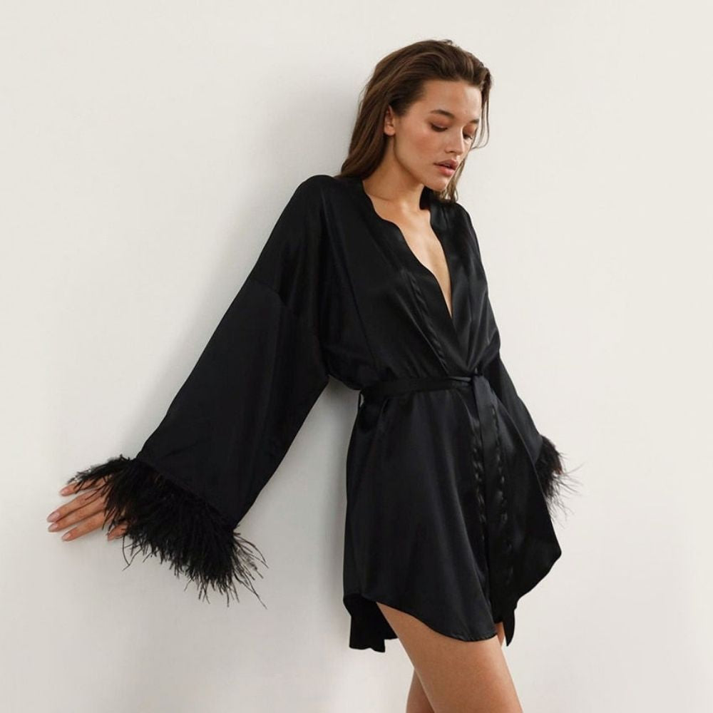 Ruby Feathered Robe - Black, front view on model - Be Juliet