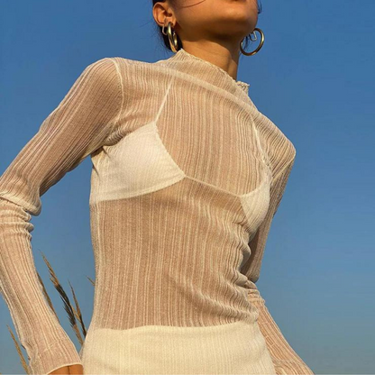 Sienna White Mesh Long Sleeve Top - front view on model - Be Juliet