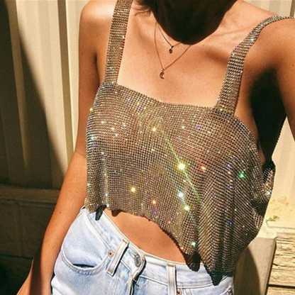 Sloane Rhinestone Top - Silver, front view styled with denim shorts - Be Juliet