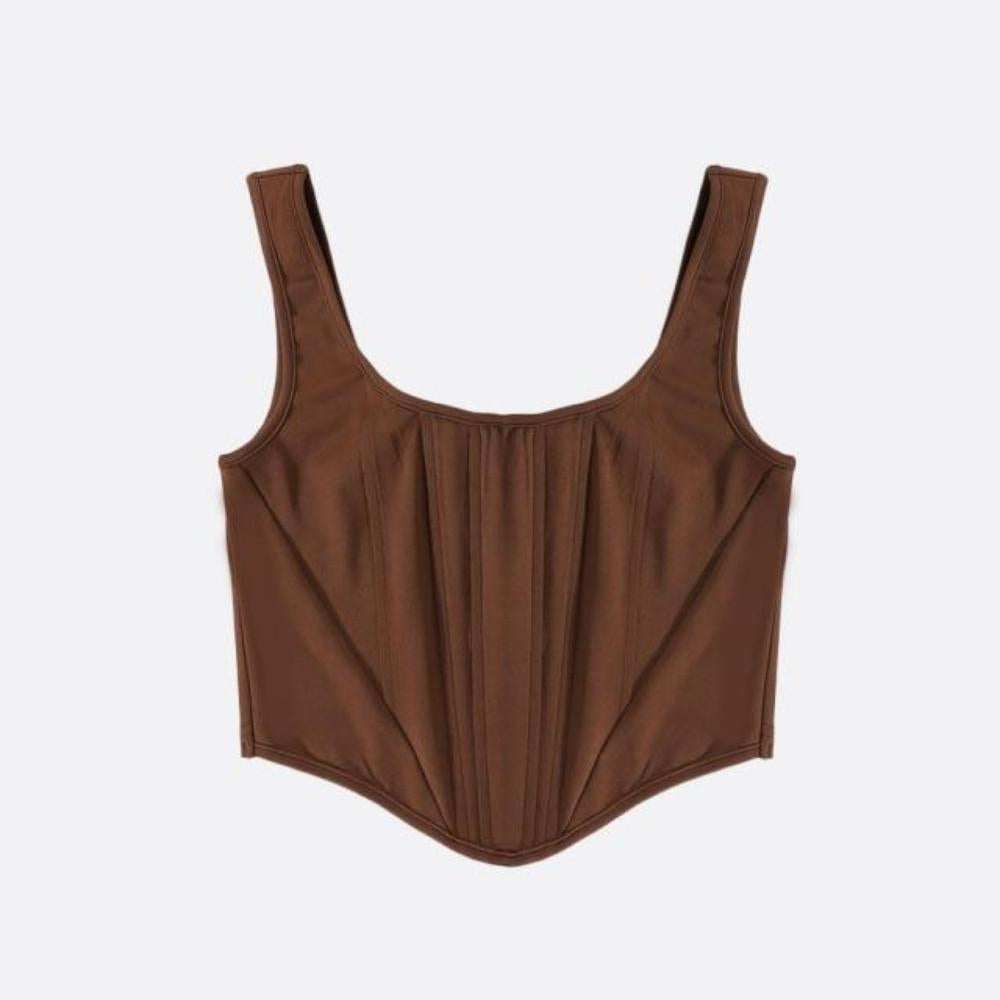 Avery Corset Crop Top - Brown, flat lay showing boned panels and straps - Be Juliet