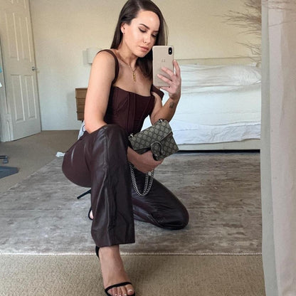 Avery Corset Crop Top - Brown, mirror selfie showing structured boning fit - Be Juliet