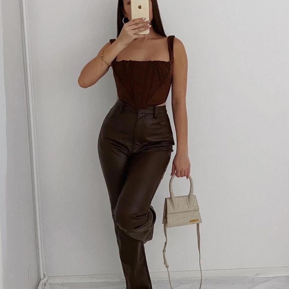 Avery Corset Crop Top - Brown, full-length mirror selfie front view - Be Juliet