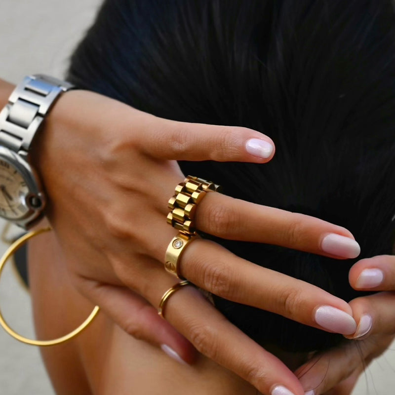 Gold Chain Ring - worn with watch and bracelet stacked on model - Be Juliet