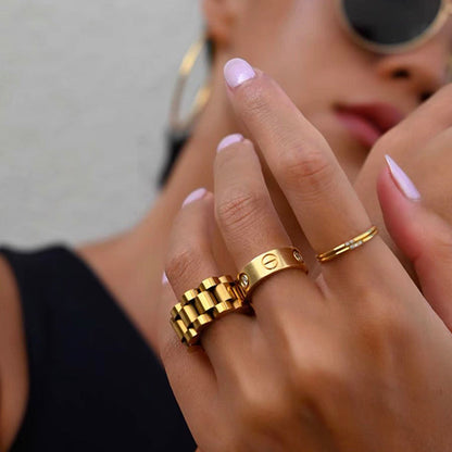 Gold Chain Ring - stacked on fingers with gold jewelry on model - Be Juliet
