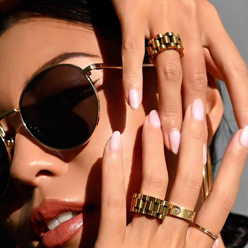 Gold Chain Ring - worn on both hands with sunglasses on model - Be Juliet