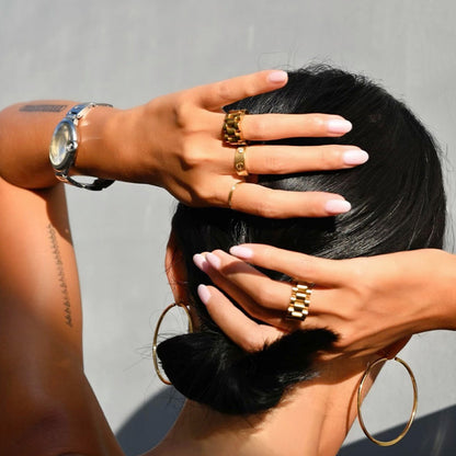 Gold Chain Ring - multiple rings on hands with watch on model - Be Juliet