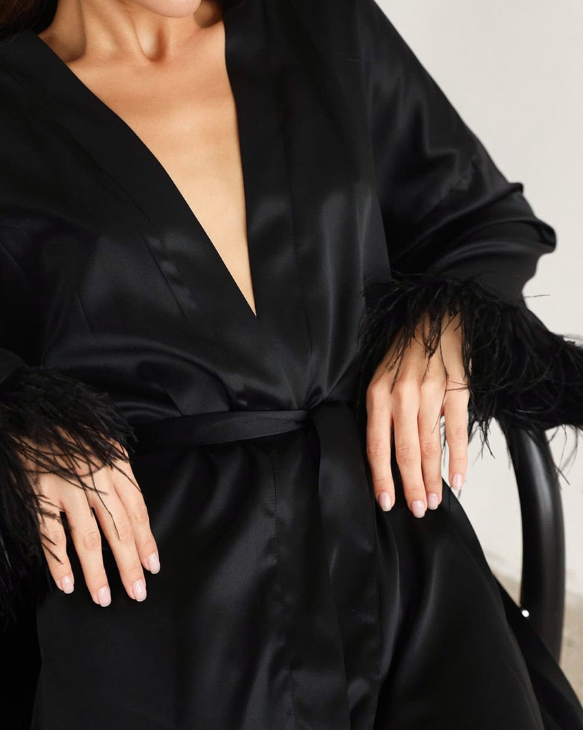 Ruby Feathered Robe - side view showing robe silhouette - Be Juliet