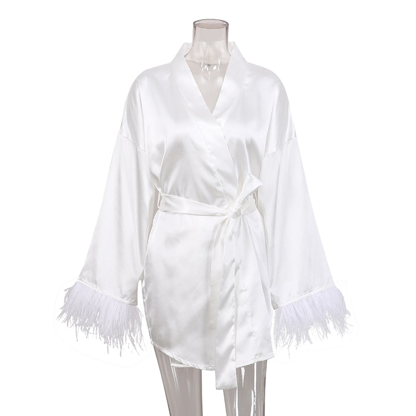 Ruby Feathered Robe - White, full back view showing feather hem on model - Be Juliet