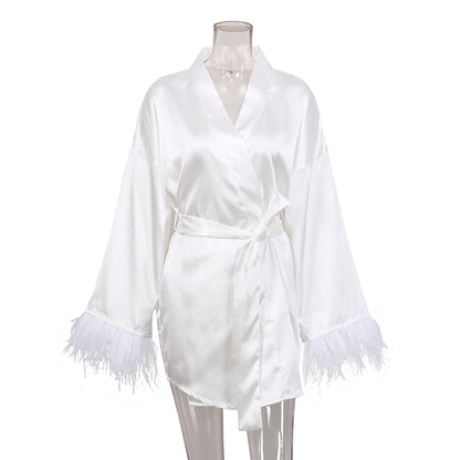 Ruby Feathered Robe - White, full back view showing feather hem on model - Be Juliet